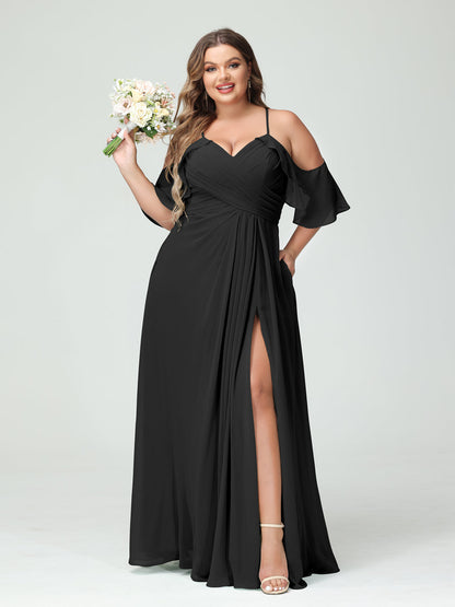 A-Line/Princess/Princess Spaghetti Straps Short Sleeves Chiffon Plus Size Bridesmaid Dresses with Pockets,Ruched Split Side