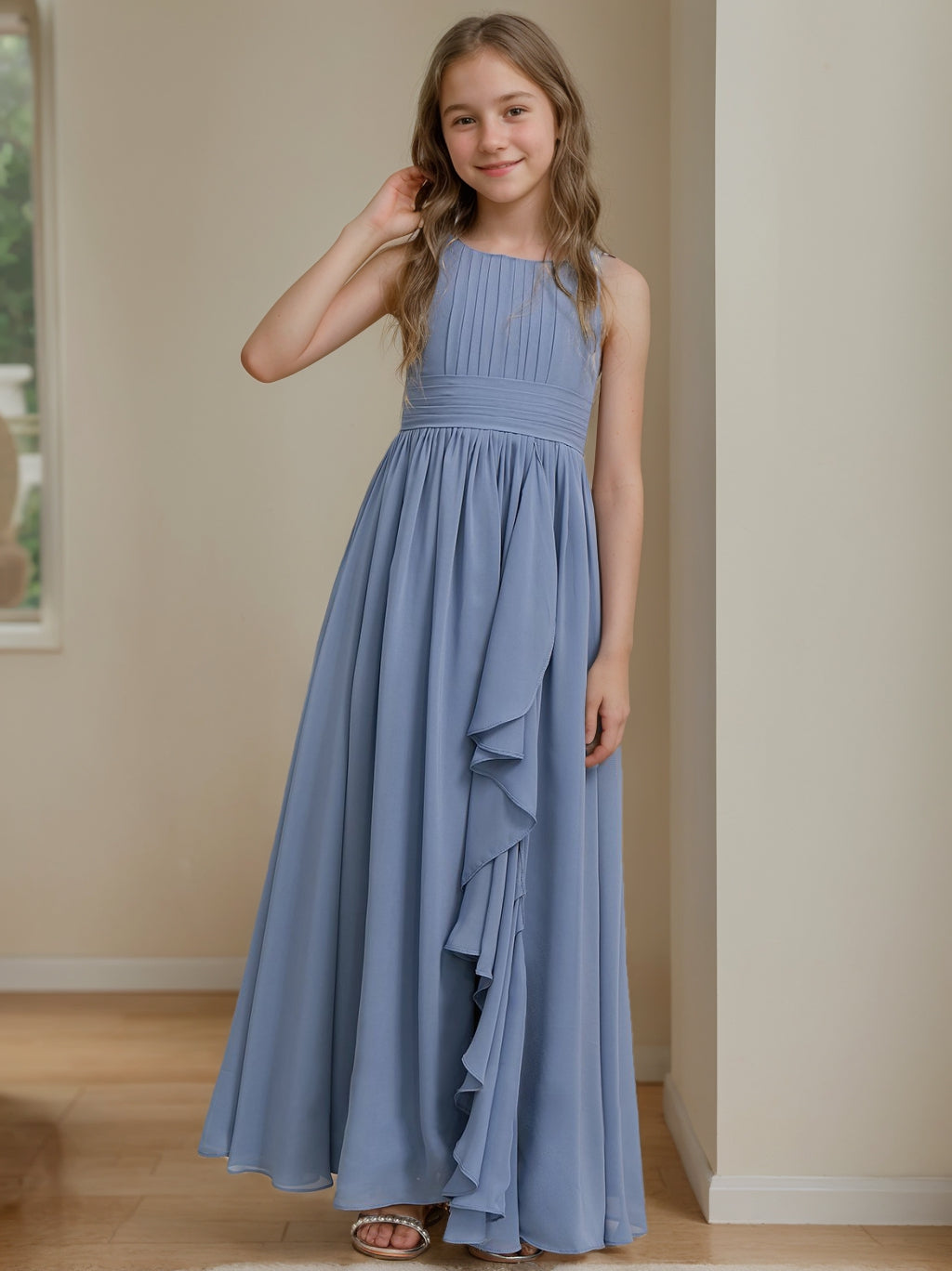 A-line/Princess Sleeveless Floor-Length Junior Bridesmaid Dress with Ruffles