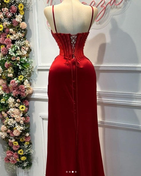 Exquisite Red Spaghetti Strap Patchwork Split Beaded Prom Dress LY0033