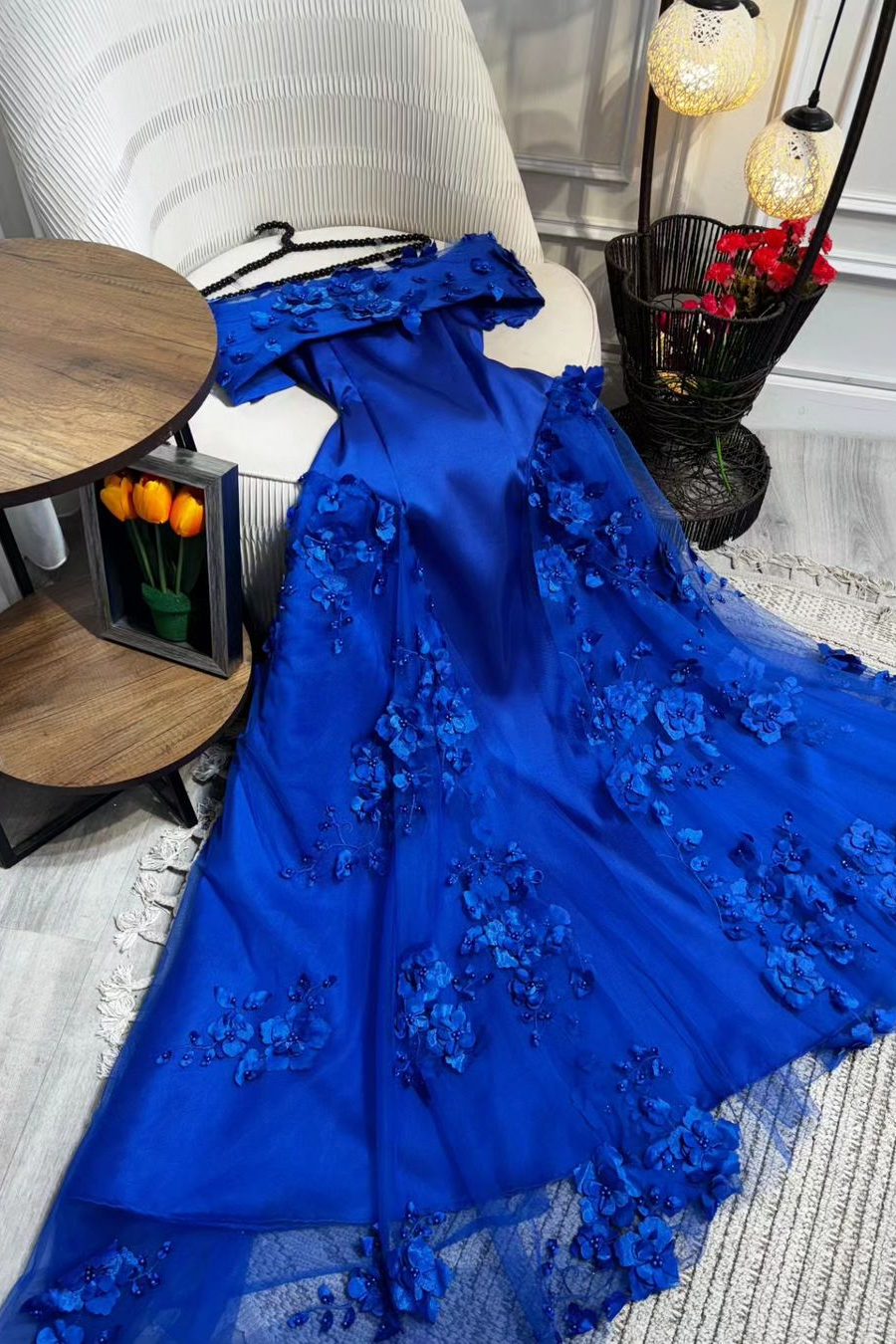 edgynewlook Chic Royal Blue SatinOff the Shoulder Strapless Long Prom Dress with Flowers