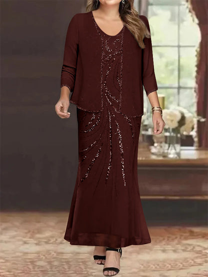 Sheath/Column V-Neck Ankle-Length Plus Size Mother of the Bride Dresses with Jacket & Sequins