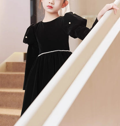 Tea-Length Round Neck Long Sleeves Black Girl Party Dress with Beading Sash