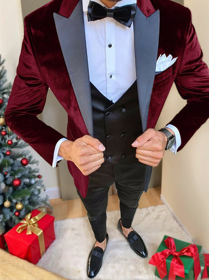 Black Blue Burgundy Men's Vintage Party Velvet Solid Regular Single Breasted One-button Jacket