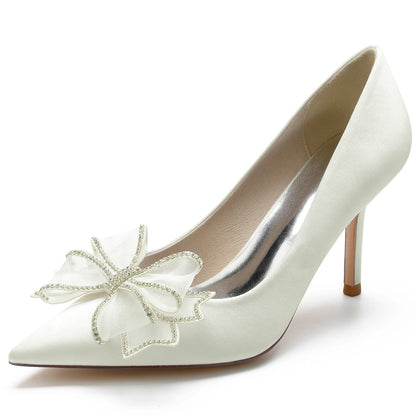 Women's Wedding Shoes Silk Satin Bow Stiletto Pointed Toe Minimalist Bridal Shoes