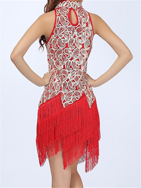 Latin Dance Dress Fringed  Paillette Tassel Splicing Women‘s Training Performance High Sleeveless