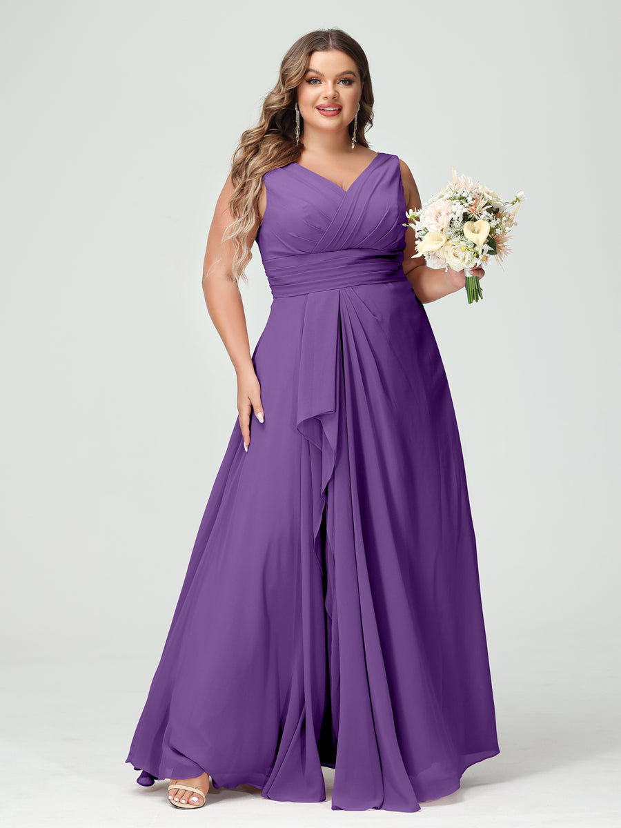 A-Line/Princess V-Neck Sleeveless Chiffon Ruffles Plus Size Bridesmaid Dresses with Pockets & Ruffles