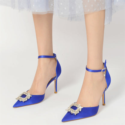 Women's Wedding Shoes Pointed Toe Buckle Bridal Shoes with Square Rhinestones