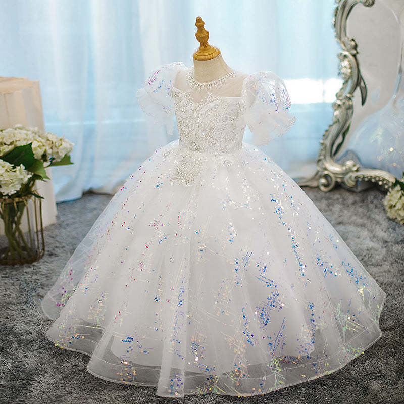 Beading Round Neck Ball Gown Short Sleeves Girl Party Dress with Crystal Appliques