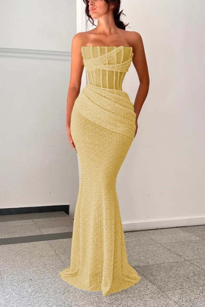 Elegant Light Yellow Strapless Sequins Mermaid Prom Dress With Transparent Corset ZT0178