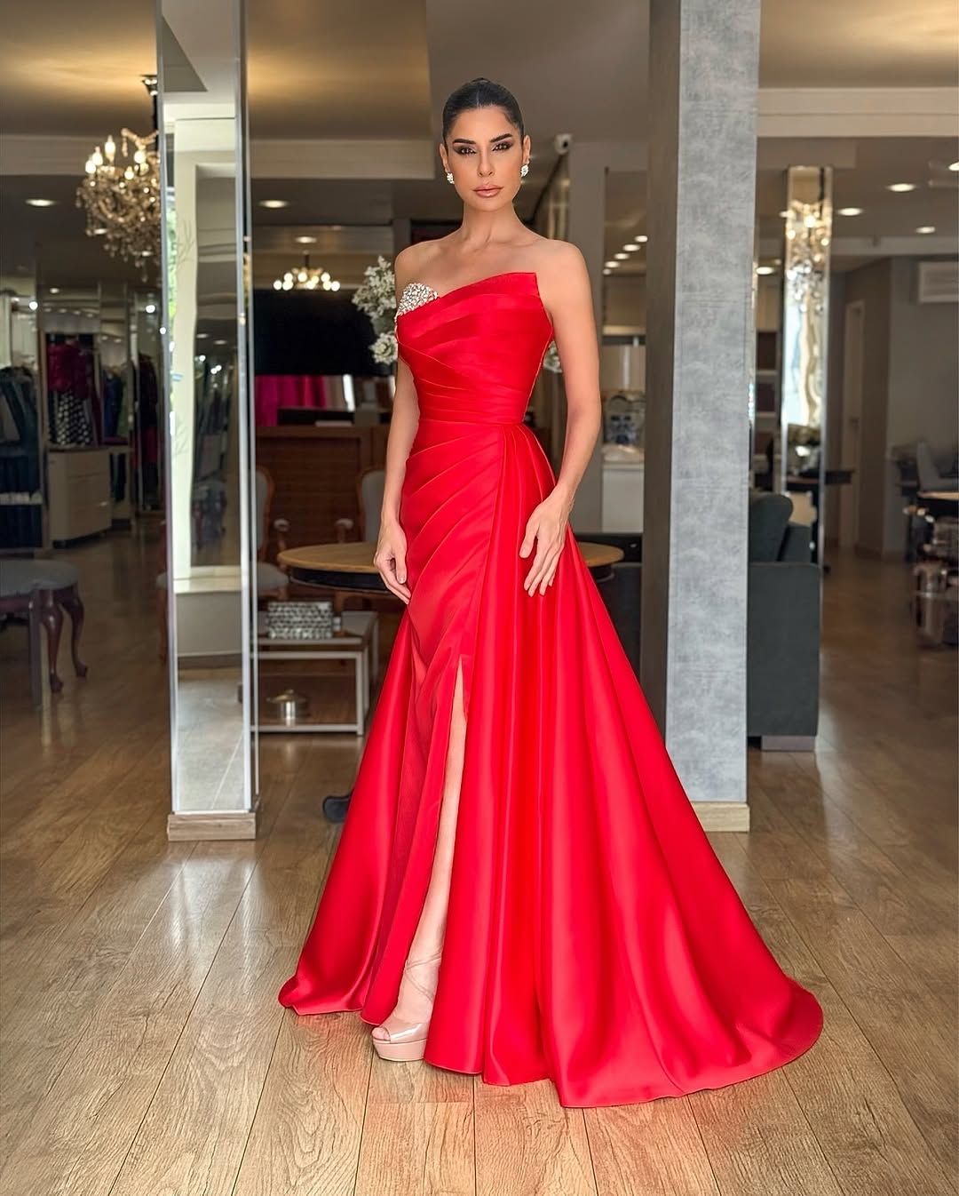 Red Strapless Beaded Pleated Long Prom Dress ZT0527