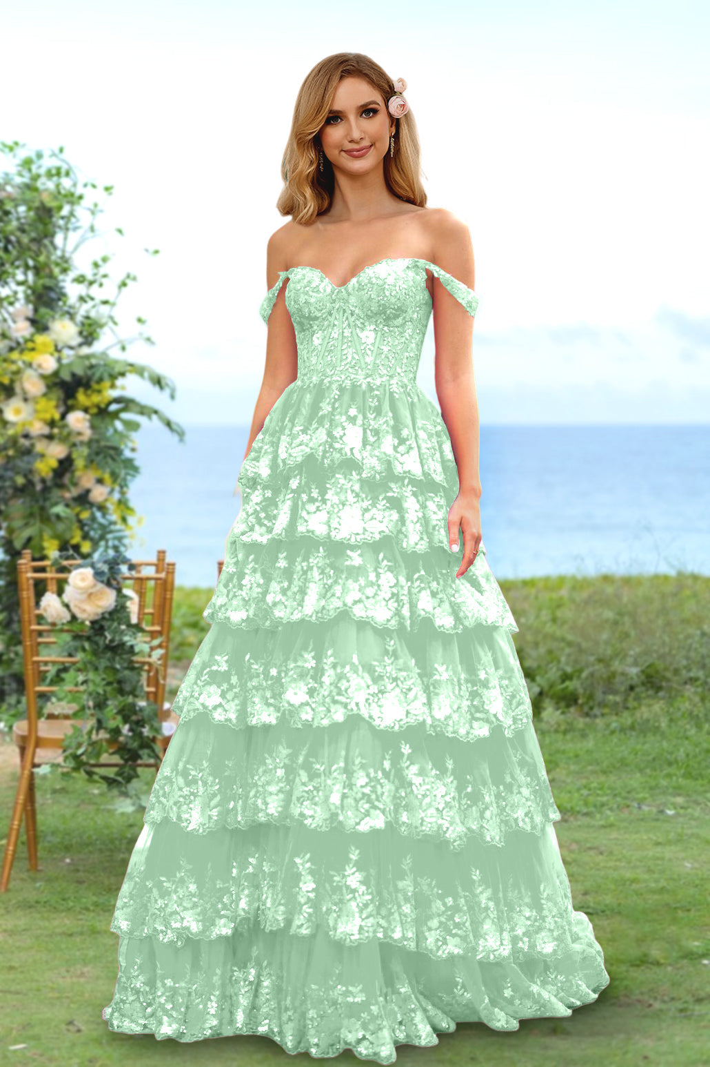 A-Line/Princess Sweetheart Off-the-Shoulder Long Prom Evening Party Floral Dresses with Sequins & Ruffles