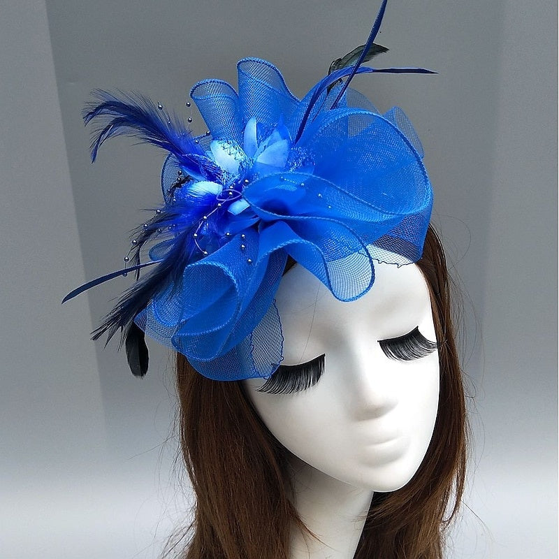 Elegant Net Saucer Hat Fascinator Hats Headpiece Flower Feather & Beading