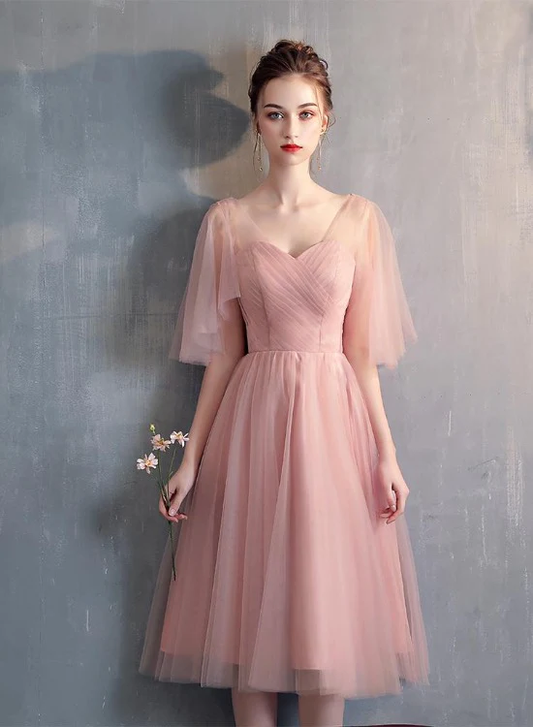 Lovely Tulle Pink A-Line Sweetheart Neckline Bridesmaid Dress, Pink Tulle Party Dress  gh51