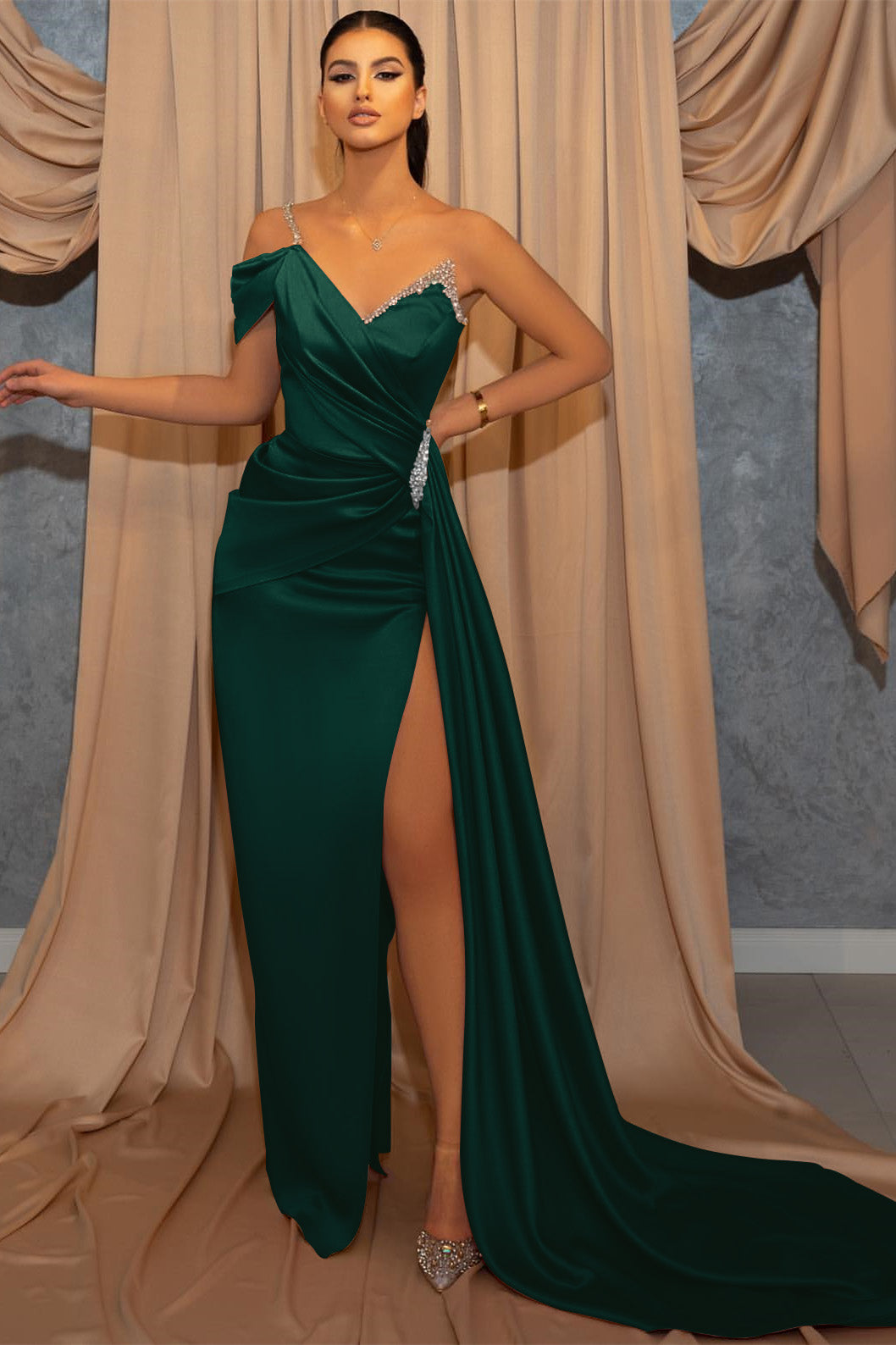 One Shoulder V-Neck Spaghetti-Straps Beads Mermaid Slit Prom Dress With Ruffles ED0236