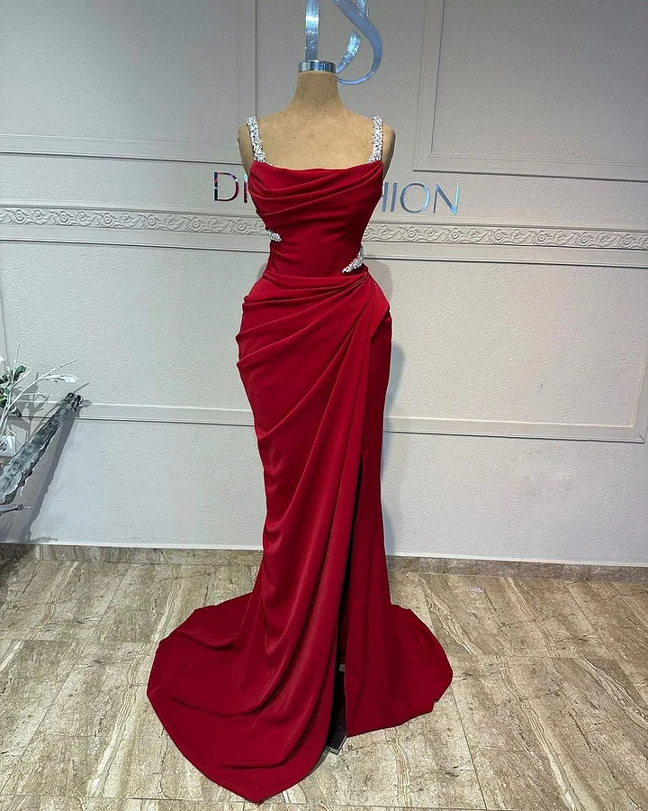 Fascinating Red Beaded Prom Dress With Pleated Split ZT0023