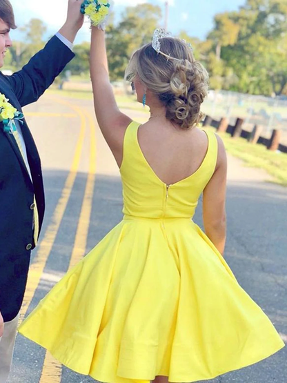 A Line V Neck Short Yellow Prom Dresses, Short Yellow Formal Homecoming Cocktail Dresses gh1641