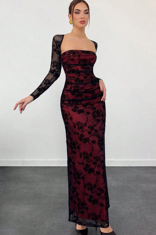 Red Lining Slim Fit Black Lace Long Sleeves Prom Dress ZT0491