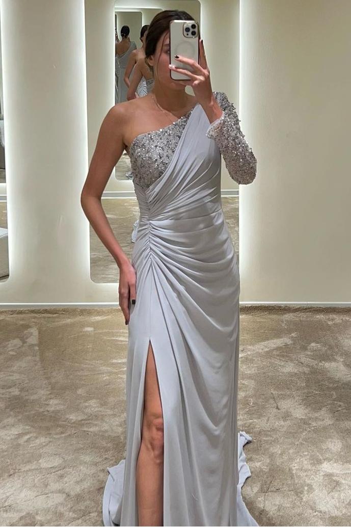 edgynewlook Exquisite Satin One Shoulder Long Sleeves Long Split Prom Dress with Beadings