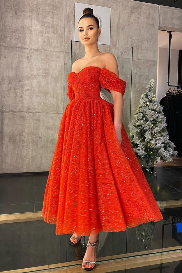 Off-the-Shoulder Red Sequins Prom Dress PD0529