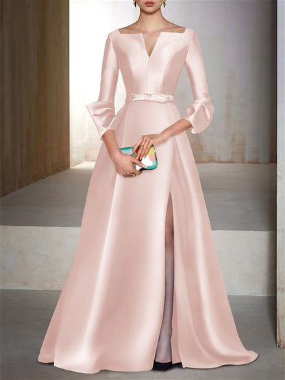 A-Line/Princess Floor-Length Long Sleeves V-Neck Evening Dresses