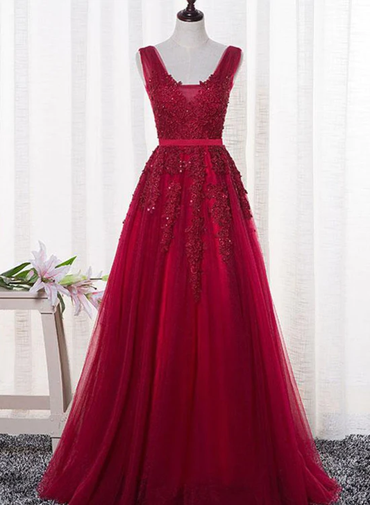 Charming Wine Red Bridesmaid Dress, Lace V-Neckline Party Gown gh541