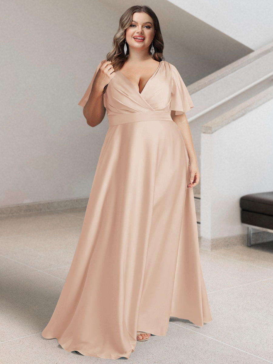 A-Line/Princess V-Neck Short Sleeves Silk Satin Plus Size Bridesmaid Dresses with Pockets