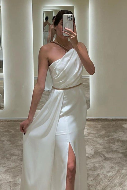 edgynewlook Simple White Satin Sleeveless One Shoulder Long Pleated Prom Dress with Split