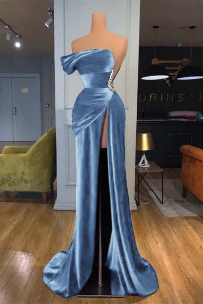 Dark Blue One Shoulder Mermaid Prom Dress Long Split With Beads PD0668