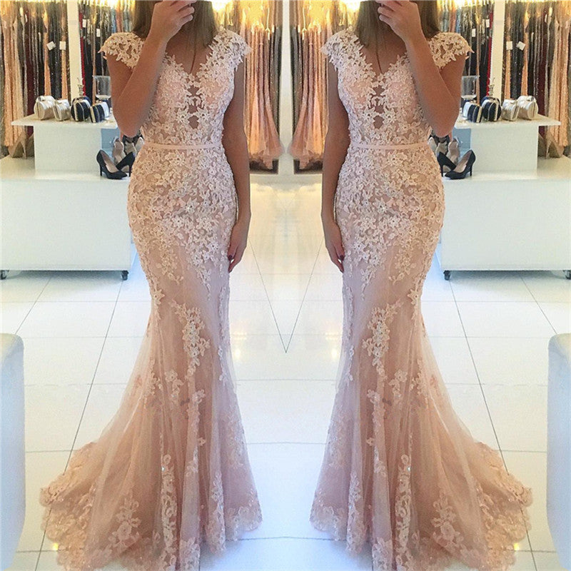 Mermaid Cap Sleeve Prom Dress Appliques PD041