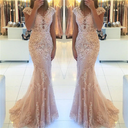 Mermaid Cap Sleeve Prom Dress Appliques PD041