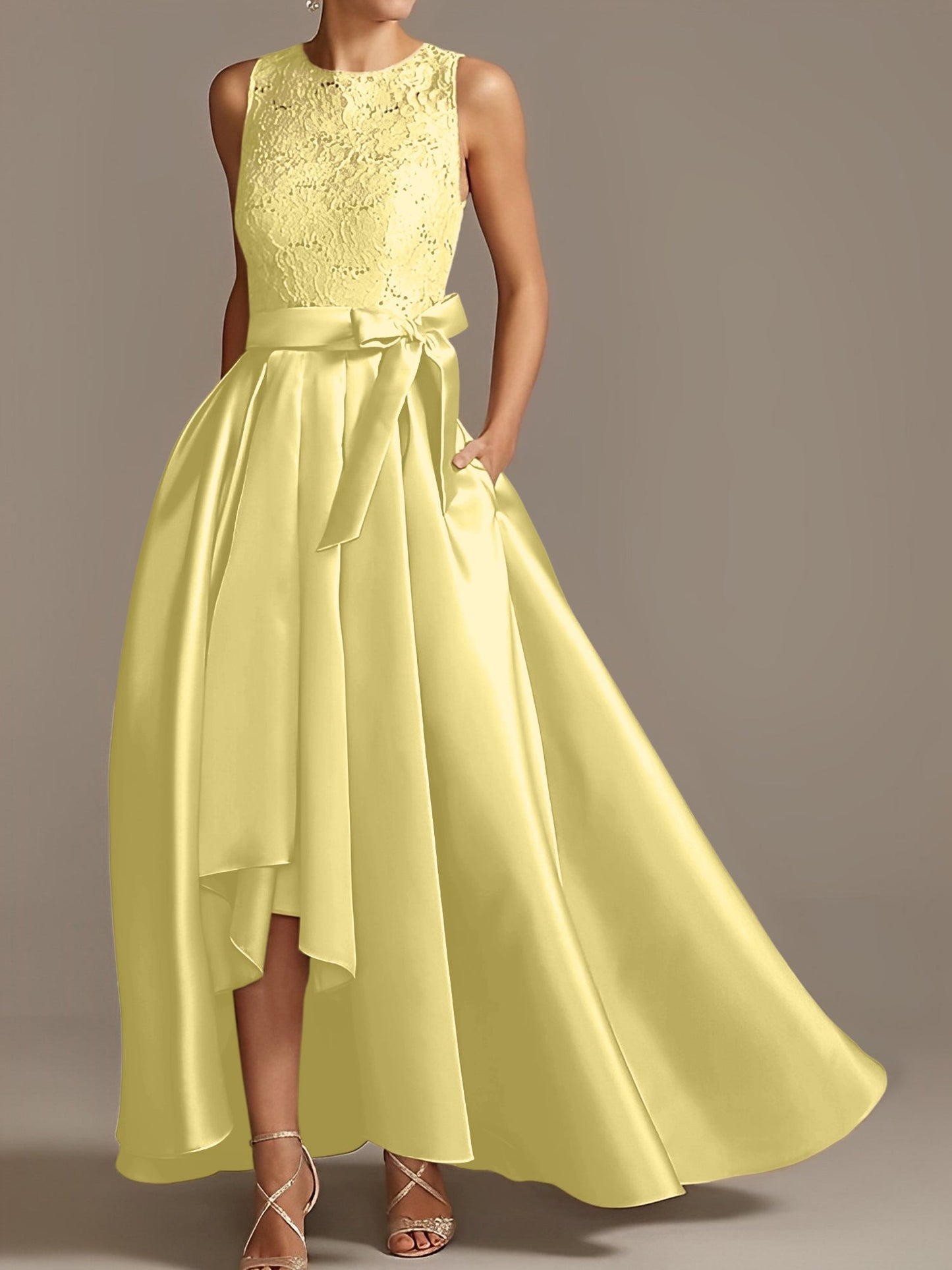 A-Line/Princess Jewel Neck Sleeveless Asymmetrical Mother Of The Bride Dresses With Pleats