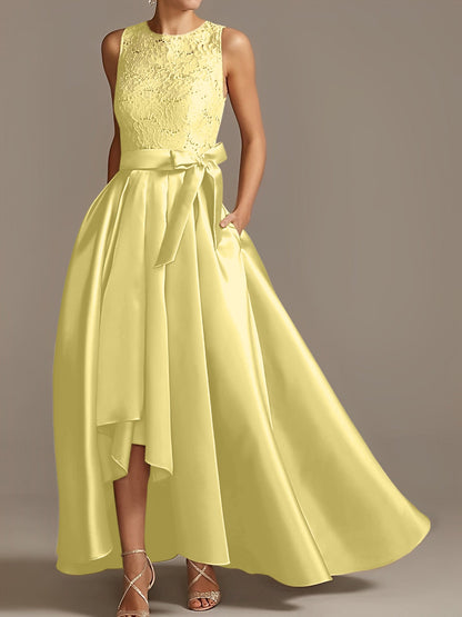 A-Line/Princess Jewel Neck Sleeveless Asymmetrical Mother Of The Bride Dresses With Pleats