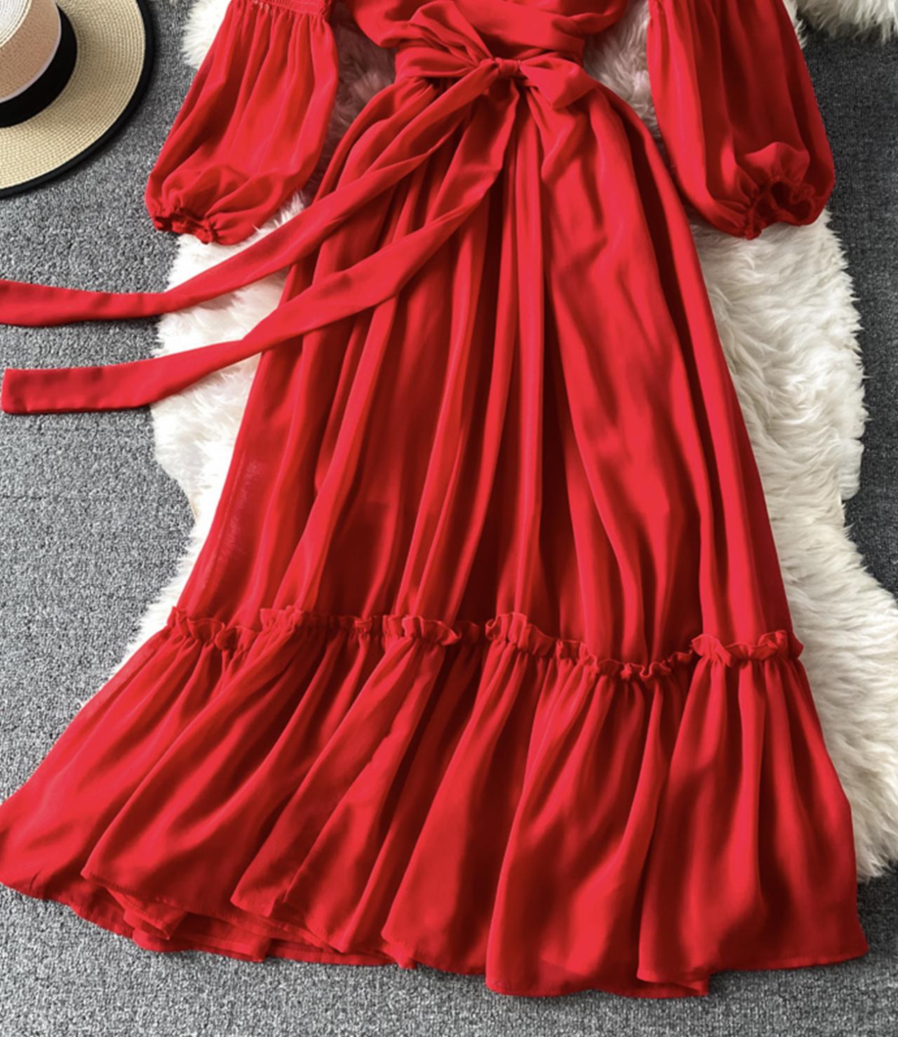 Red A line chiffon dress fashion girl dress  840