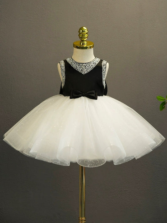 Ball Gown Sleeveless Knee-Length Baby Girl Party Dress with Bow & Rhinestones