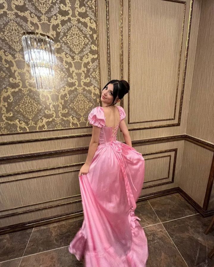 Pink Retro Elegant Sweet Short Sleeve Long Ruffles Backless Lace-up Long Satin Evening Dress Birthday Party Dress Homecoming Dress gh3144