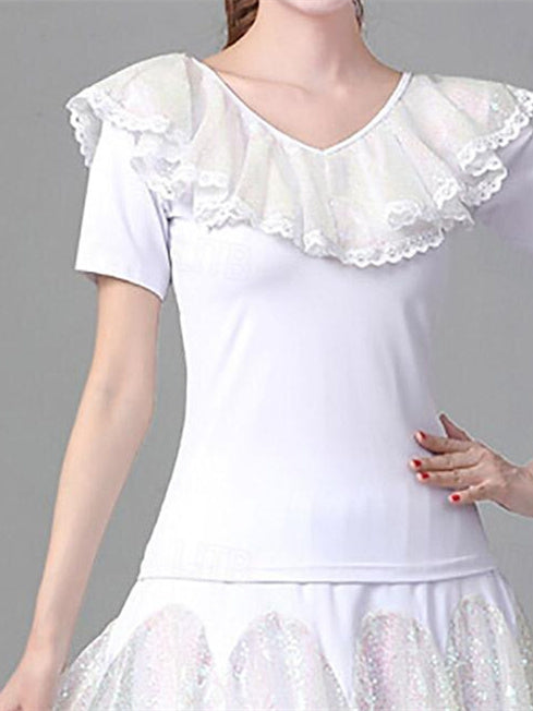 Women's Latin Dance Ballroom Dance  Short Sleeve High Polyester Splicing Tulle Women's Performance