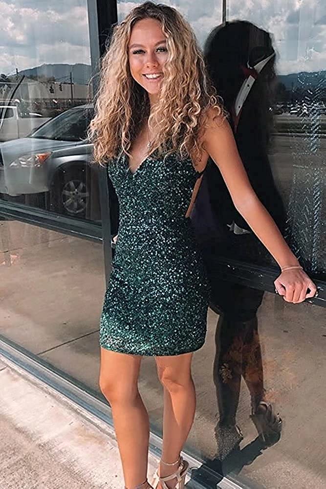 LTP0635,Tight dark green sequins mini homecoming dress party dress