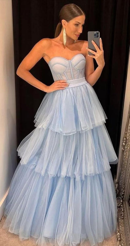 Kaylee |A-line Tiered Ruffled Long Tulle Prom Dress