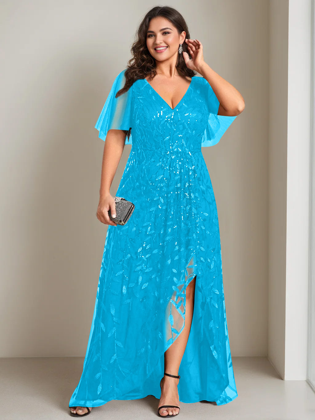 A-Line/Princess V-Neck Short Sleeves Asymmetrical Plus Size Mother Of The Bride Dresses with Sequins