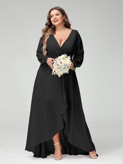 A-Line/Princess V-Neck Long Sleeves Asymmetrical Plus Size Bridesmaid Dresses with Pockets