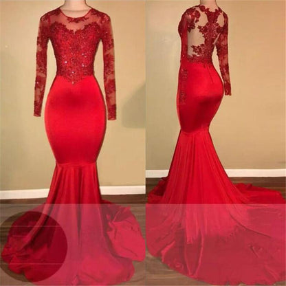 Red Long Sleeves Mermaid Prom Dress PD068