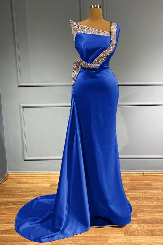 Light Blue One-Shoulder Sleeveless Long Beads Mermaid Prom Dress With Ruffles ED0076