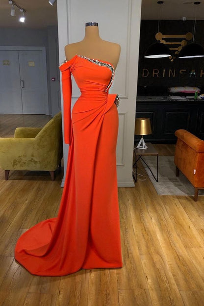 Orange Long Sleeves Prom Dress Mermaid With Sequins PD0530