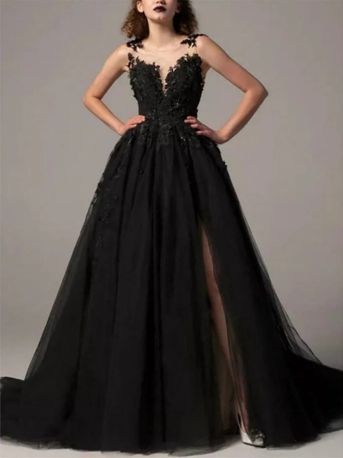 A-Line/Princess Illusion Neck Sleeveless Evening Dresses With Pleats Slit Appliques