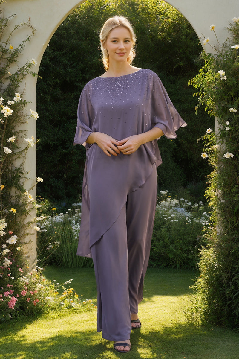 2-Pieces Chiffon Scoop 3/4 Sleeves Mother of the Bride Pantsuits with Rhinestones