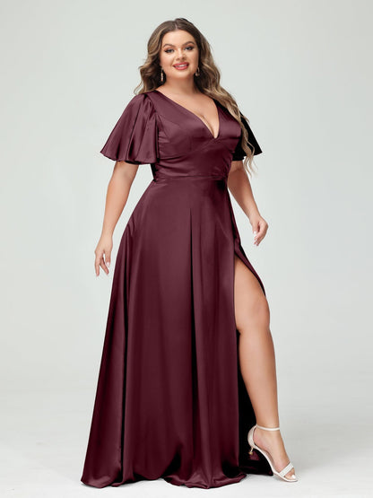 A-Line V-Neck Half Sleeves Silk Satin Plus Size Bridesmaid Dresses with Pockets