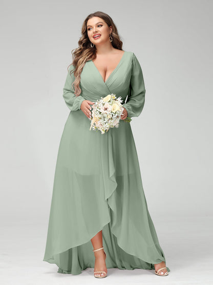 A-Line/Princess V-Neck Long Sleeves Asymmetrical Plus Size Bridesmaid Dresses with Pockets