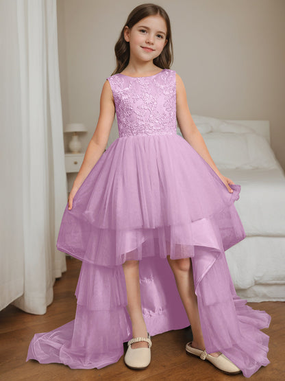 Ball-Gown Scoop Neck Sleeveless Asymmetrical Flower Girl Dress with Bowknot