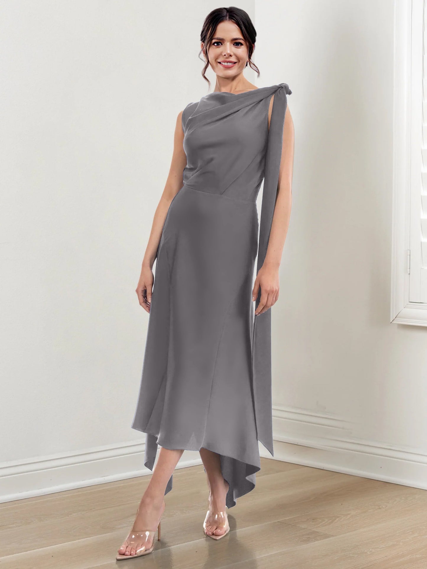 Sheath/Column Jewel Neck Tea-Length Asymmetrical Mother of the Bride Dresses with Ruched