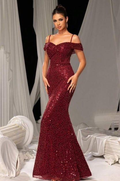 Burgundy Sequins Spaghetti-Straps Off-The-Shoulder Split Prom Dress ZT0614